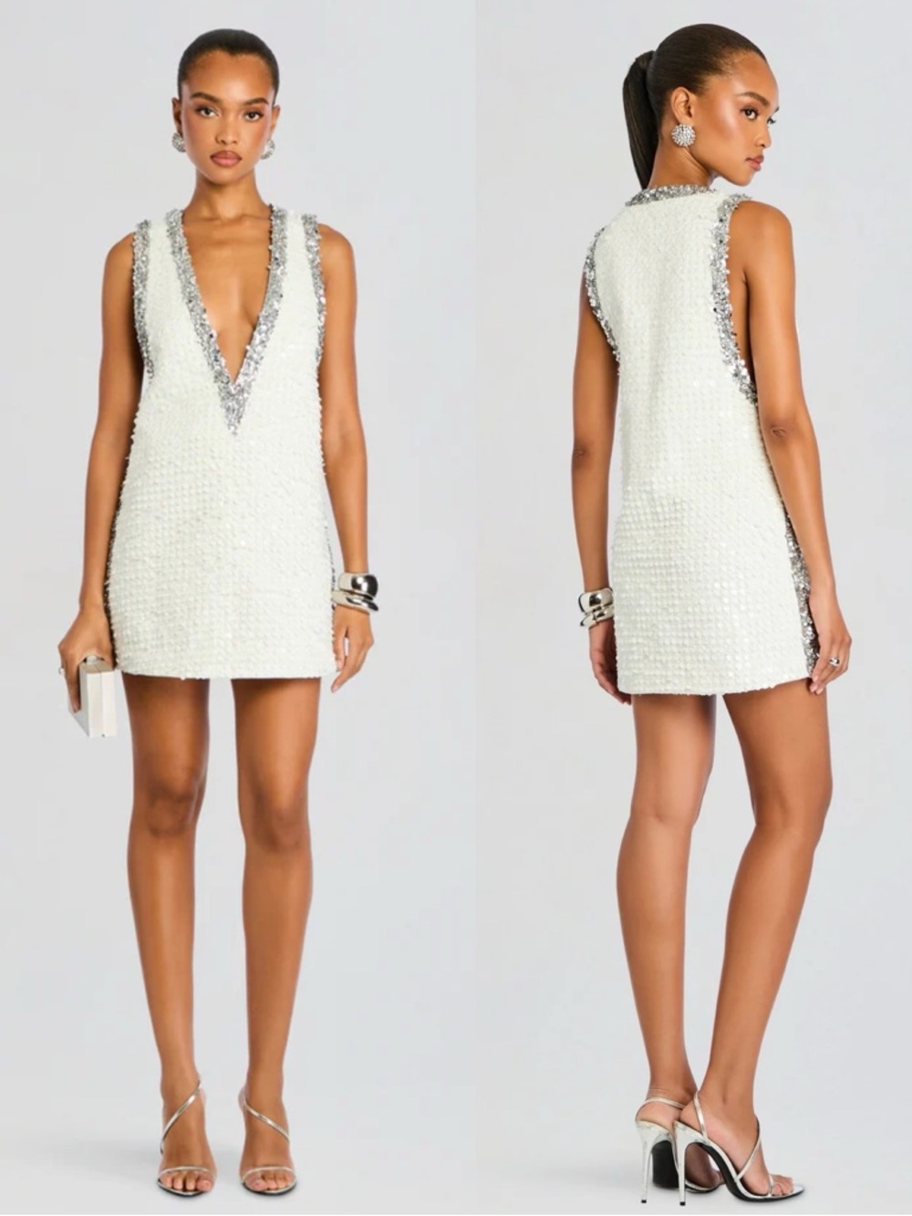Retrofete Simmie Sequin Embellished V Neck Mini Dress White Silver NEW with tags